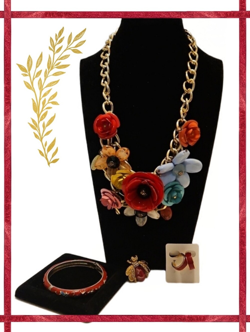 Multicolor Floral Statement Necklace With Bracelet, Brooch & Earrings- Gold Tone